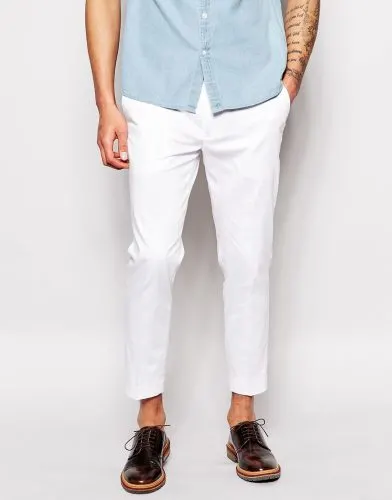 white cropped pants with dark brown shoes